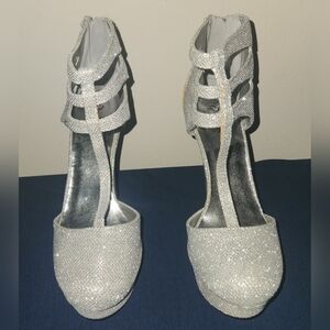 Qupid Silver T-Strap Glitter High Heel Sandals - Women Size 8
